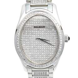 Pre Owned Balmain Silver Stainless Steel Diamond Oval 2671 Women's Wristwatch 32 mm