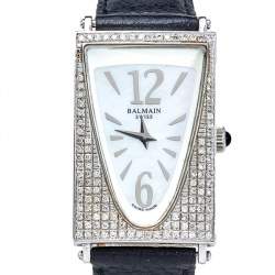 Pre Owned Balmain Mother Of Pearl Stainless Steel Leather Diamond Amphora 3401 Women's Wristwatch 25 mm