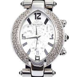 Pre Owned Balmain Silver Stainless Steel Diamond Chronograph Excessive 5831 Women's Wristwatch 32 mm
