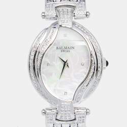 Pre Owned Balmain Mother of Pearl Stainless Steel Diamond Excessive 5451 Women's Wristwatch 32 mm