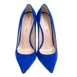 Barbara Bui Cobalt Blue Suede Metal Pointed Toe Block Heel Pumps Size 37