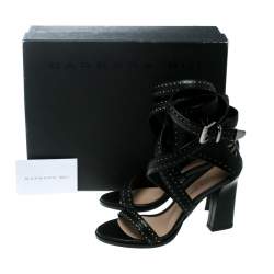 Barbara Bui Black Laser Cut Motif Perforated Leather Ankle Cuff Strappy Block Heel Sandals Size 37