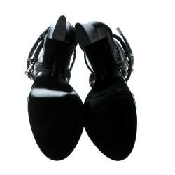 Barbara Bui Black Laser Cut Motif Perforated Leather Ankle Cuff Strappy Block Heel Sandals Size 37