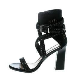 Barbara Bui Black Laser Cut Motif Perforated Leather Ankle Cuff Strappy Block Heel Sandals Size 37