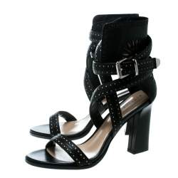 Barbara Bui Black Laser Cut Motif Perforated Leather Ankle Cuff Strappy Block Heel Sandals Size 37