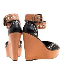 Barbara Bui Black/Brown Stud Eyelet Embellished Ankle Wrap Wedge Sandals Size 37
