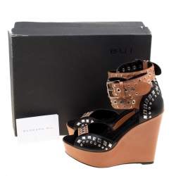 Barbara Bui Black/Brown Stud Eyelet Embellished Ankle Wrap Wedge Sandals Size 37