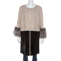 Barbara Bui Bicolor Cashmere Wool and Calf Hair Paneled Long Coat M