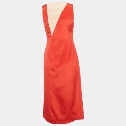 Pre Owned Barbara Casasola Red Silk Sleeveless Midi Dress S