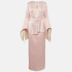 مملوكة مسبقًا Baruni Pink Satin Sleeve Detail Belted Alchemilla Maxi Dress XL
