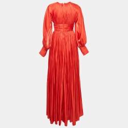 Pre Owned Baruni Red Tafetta Draped Long Sleeve Gown S