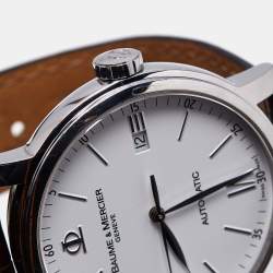 Pre Owned Baume & Mercier White Stainless Steel Alligator Leather Classima Executives 65554 Men's Wristwatch 39 mm