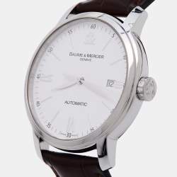 Pre Owned Baume & Mercier White Stainless Steel Alligator Leather Classima Executives 65554 Men's Wristwatch 39 mm