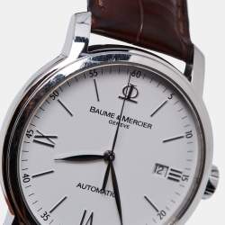 Pre Owned Baume & Mercier White Stainless Steel Alligator Leather Classima Executives 65554 Men's Wristwatch 39 mm