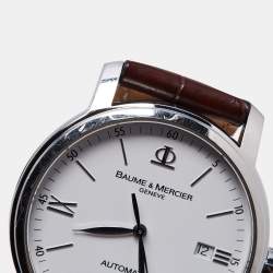 Pre Owned Baume & Mercier White Stainless Steel Alligator Leather Classima Executives 65554 Men's Wristwatch 39 mm