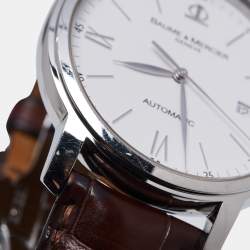 Pre Owned Baume & Mercier White Stainless Steel Alligator Leather Classima Executives 65554 Men's Wristwatch 39 mm