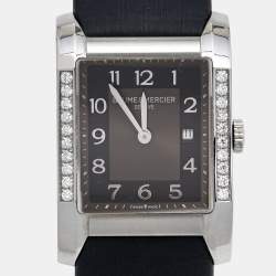 Baume & Mercier Grey Stainless Steel Leather Diamond Hampton 65694 Women's Wristwatch 27 mm
