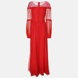 Pre Owned BCBGMAXAZRIA Red Knit Long Sleeve Maxi Dress L