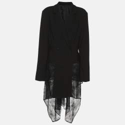 Pre Owned BCBGMAXAZRIA Black Crepe and Lace Hem Double Breasted Blazer L