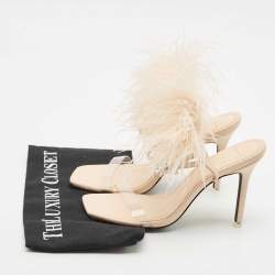 Black Suede Studio X Caroline Stanbury Beige Feather and Leather Slide Sandals Size 38