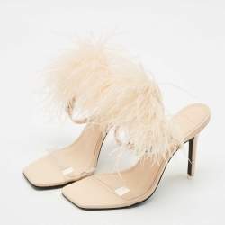 Black Suede Studio X Caroline Stanbury Beige Feather and Leather Slide Sandals Size 38
