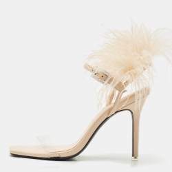 Black Suede Studio X Caroline Stanbury Beige Feather and Leather Slide Sandals Size 38