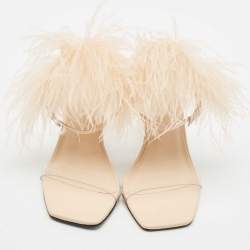 Black Suede Studio X Caroline Stanbury Beige Feather and Leather Slide Sandals Size 38