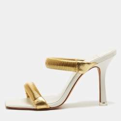 Black Suede Studio x Caroline Stanbury White/Gold Leather Slides Size 38   