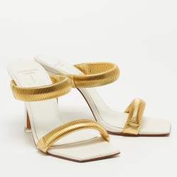 Black Suede Studio x Caroline Stanbury White/Gold Leather Slides Size 38   