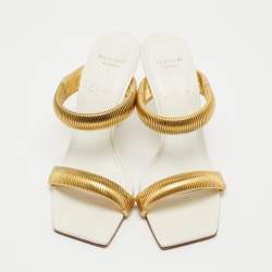 Black Suede Studio x Caroline Stanbury White/Gold Leather Slides Size 38   