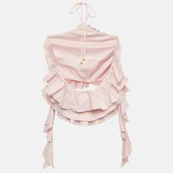 مملوكة مسبقًا Blumarine Pink Cotton Halter Neck Ruffled Rose Detail Crop Top L 