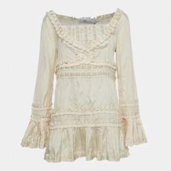 Pre Owned Blumarine Cream Embellished Silk Ruffle Detail Blouse L