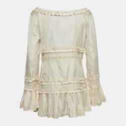 Pre Owned Blumarine Cream Embellished Silk Ruffle Detail Blouse L