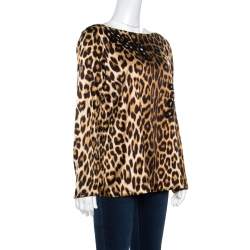 مملوكة مسبقًا Blumarine Brown Leopard Printed Silk Cutout Detail Embellished Contrast Lined Blouse L