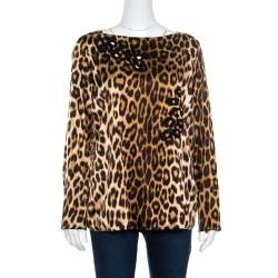 Pre Owned Blumarine Brown Leopard Printed Silk Cutout Detail Embellished Contrast Lined Blouse L