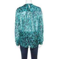 Blumarine Blue and Black Animal Printed Silk Embellished Neck Blouse M