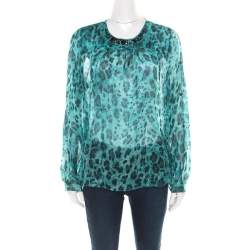 Blumarine Blue and Black Animal Printed Silk Embellished Neck Blouse M