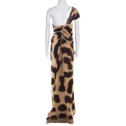 Blumarine Brown Animal Printed Embellished Ruched One Shoulder Dress M