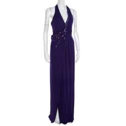 Blumarine Purple Embellished Draped Halter Gown S