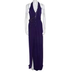 Blumarine Purple Embellished Draped Halter Gown S
