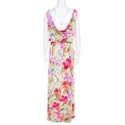 Blumarine Multicolor Floral Printed Silk Jersey Draped Sleeveless Maxi Dress S