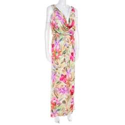 Blumarine Multicolor Floral Printed Silk Jersey Draped Sleeveless Maxi Dress S