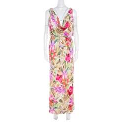 Blumarine Multicolor Floral Printed Silk Jersey Draped Sleeveless Maxi Dress S