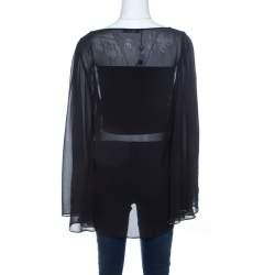 Blumarine Sheer Black Crepe Beaded Trim Cape Sleeve Blouse L