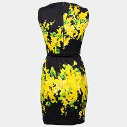 Blumarine Black and Yellow Floral Print Stretch Cotton Belted Sheath Dress S