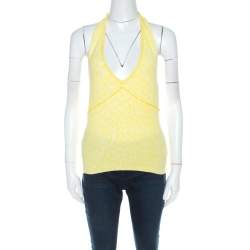 Blumarine Yellow Animal Patterned Jacquard Bead Embellished Backless Halter Top M