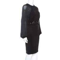 Blumarine Black Stretch Wool Crepe Embellished Belted Sheath Dress S