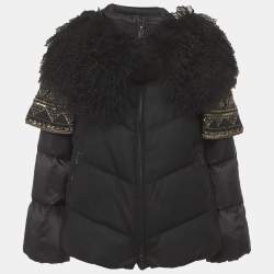 مملوكة مسبقًا Sonia Bogner Black Wool Fur Trim Zip-Up Puffer Jacket S