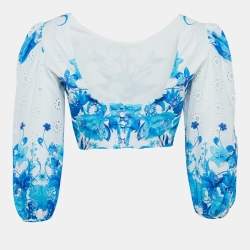 مملوكة مسبقًا Borgo De Nor Blue Floral Print Broderie Anglaise Cotton Rhea Crop Top S