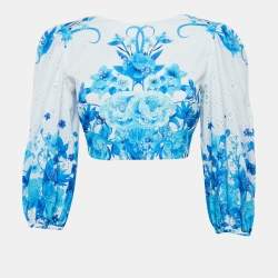 مملوكة مسبقًا Borgo De Nor Blue Floral Print Broderie Anglaise Cotton Rhea Crop Top S